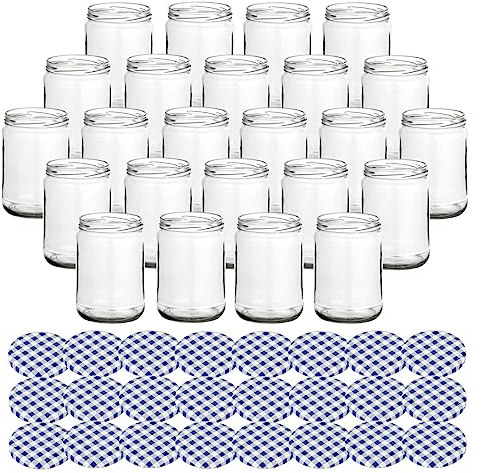 gouveo Lot de 24 Pots à Confiture 580 ML Classique avec Couvercle à Visser Bleu Carotte BS - Pots à provisions avec Couvercle à Visser TO82 - Pots à Confiture et bocaux à conserves vides