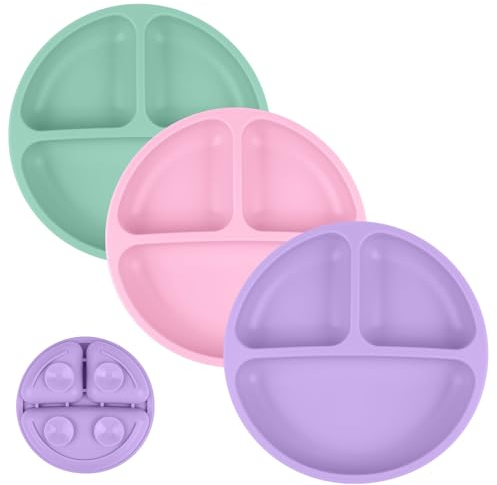 Vicloon Assiette Ventouse Pour Bébé, 3PCS Assiettes en Silicone avec Ventouse pour Bébé l'auto-alimentation, Sans BPA, Passe Au Lave-vaisselle et Au Micro-ondes (Rose/Violet/Vert)