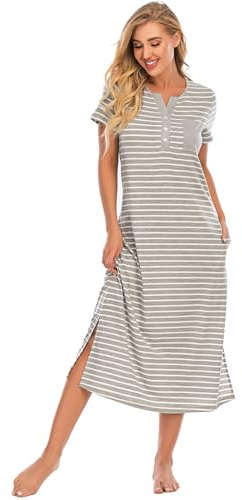 Jlowesun Cotton Long Nightdresses for Women UK Maternity Nightie Nightshirt | Stripes Short Sleeve Button Up Ladies Nightwear Hospital Labour Delivery Gown Nursing Night Sleep Dress Pyjamas with Pockets