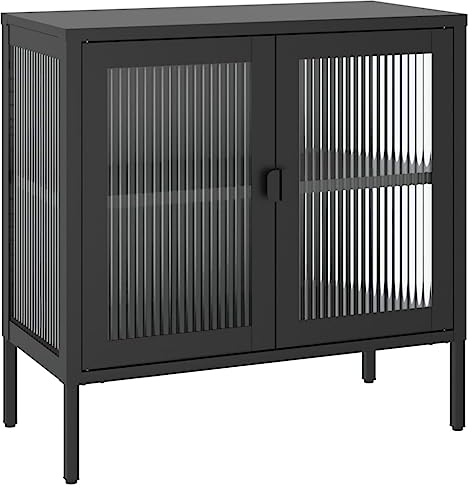vidaXL Sideboard, Storage Cabinet with Doors, Cupboard Highboard for Bedroom Living Room Office, Side Cabinet, Black Glass and Steel