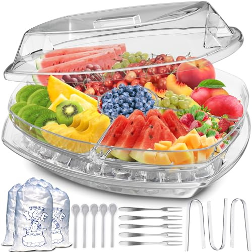 Premium Chilled Serving Tray for Parties - 15 Ice Chilled Party Platter w/Lid & Dip Holder - Functional Cold Dish w/ 4 Compartments - Perfect for Fruits, Veggies, Shrimp Cocktail - Keeps Food Cool
