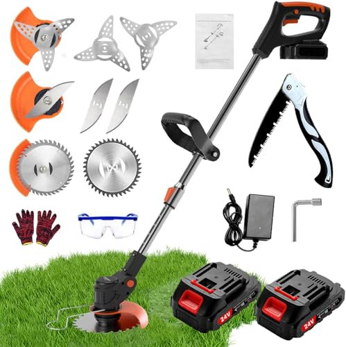 Desbrozadora eléctrica inalámbrica, desbrozadora a batería viene con 2 baterías de 21 V y un cargador, corte de borde inalámbrico con 3 cuchillas diferentes, puede cortar césped y arbustos