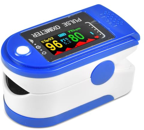 Funmo Pulsoximeter, Messung der Sauerstoffsättigung,Messung von Sauerstoffsättigung (SpO₂) und Herzfrequenz (Puls), Fingeroximeter mit Farbdisplay, schmerzfreie Anwendung am Finger(blau)