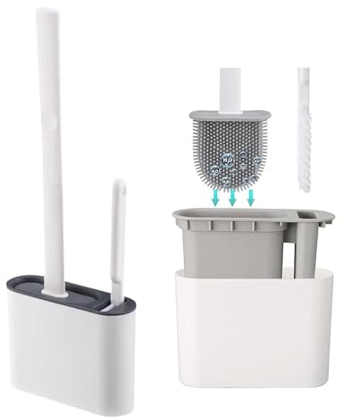 SSKHE Cepillo de inodoro, juego de cepillo de limpieza profunda de silicona 2 en 1 con soporte para baño, mango de plástico largo antideslizante, cerdas flexibles, cepillo de cerdas duras para