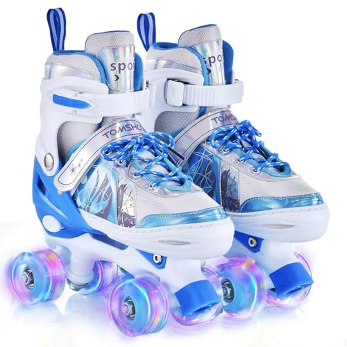 TOMSHOO Kids Roller Skates for Girls Boys 4 Sizes Adjustable Skates for Toddlers Beginner Teens with Light up Wheels Age 3-5 5-8 6-12 Children Gift for Indoor Outdoor (Blue, Small)
