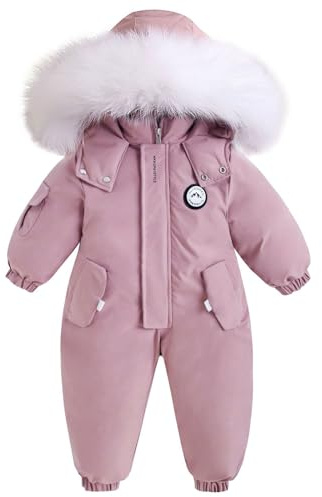 BRONG Niño Traje de Esquiar Mameluco Niñas Traje de Nieve Invierno Cálido Nieve Lana Chaqueta Impermeable Traje Desmontable Cuello de Piel a Prueba de Viento Trajes Rosa 2-3 Años