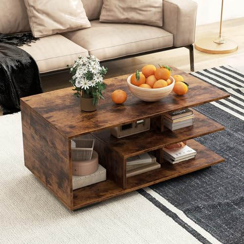 GOPLUS Mesa de Centro Rectangular de Madera Con Almacenamiento de 3 Niveles, Carga 85 kg, Moderna para Salón, Sala de Recepción, 90 x 50 x 42 cm (Industrial)