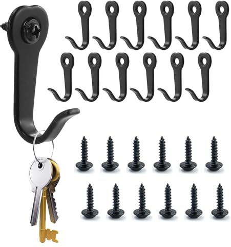Lot de 12 crochets porte-manteaux noirs - Crochets muraux à visser - En métal vintage - Pour salle de bain, chambre à coucher - Panneaux acoustiques