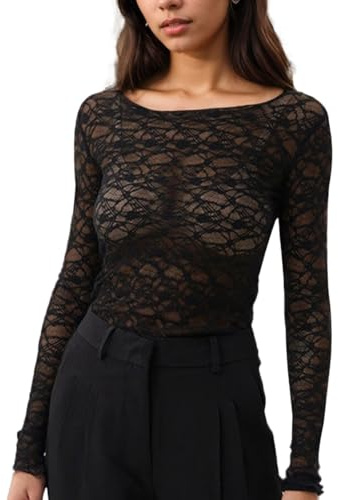 EMOTTOS Donna Y2K Sheer Mesh Maglietta, Sexy Crop Top con Trasparente Top in Pizzo Ricamato, Slim Fit Cut out Shirt in Rete con Collo Rotondo per Uscire Casual Clubwear, Nero, L