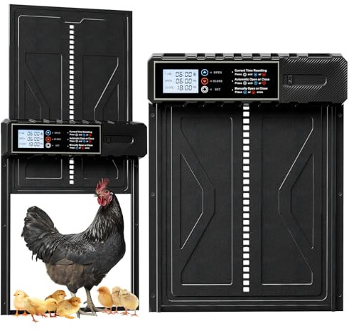 Automatische Hühnerklappe Batterie, Upgrade Größe Aluminum Hühnerklappe Automatisch mit Wasserdicht LED-Bildschirm, Timer, Manuelle, Elektrische Hühnerklappe Hühnertür Intelligenter Einklemmschutz