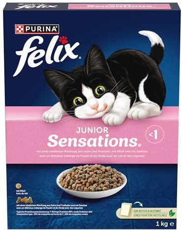 Felix Junior Sensations Katzenfutter trocken, aus Huhn und Truthahn, mit Milch und Gemüse, 5er Pack (5 x 1kg)