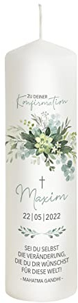 Scheinvoll® Konfirmationskerze Junge personalisiert mit Namen, Datum und Spruch - Modell Maxim - Andenken und Konfirmationsdeko (25 x 8 cm)