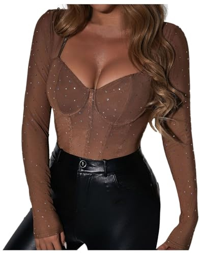 PAIDAXING Body sexy y brillante para mujer, leotardo de manga larga, con diamantes brillantes, blusa entallada, camiseta transparente, A#1-Marrón, L