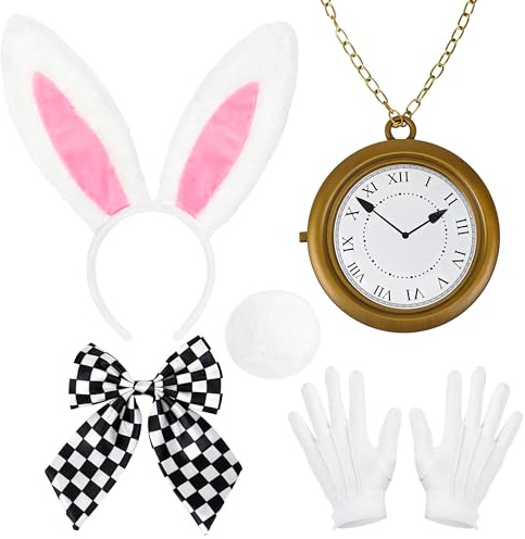 Amlisia Costume de lapin blanc 5 pièces, accessoires de déguisement oreilles de lapin, blanc, taille unique
