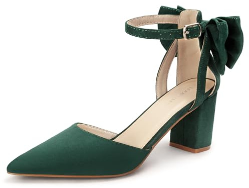LOOPCHARM Womens Closed Pointed Toe Heels with Bow Low Chunky Block Heel Ankle Strap D'Orsay Pumps Bridal Wedding Dress Shoes,Green SU,8