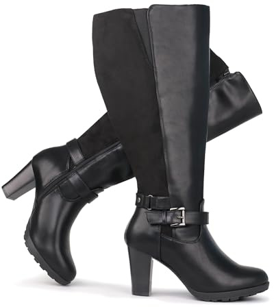 Chicblooms Botas de tacón alto con hebilla de tobillo para mujer, talla grande, Piel negra., 36 EU