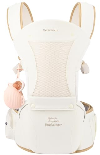 Bebamour Babytrage für Neugeborene bis Kleinkinder, Hüftsitz 0-36 Monate mit Kopfhaube, 3 Stück Beißpolster, Hüftverlängerung, Aufbewahrungstasche und Schnulleretui,beige