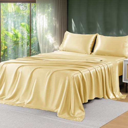 Sasttie Satin Sheets Queen Size - 4 Pieces Luxury Soft Pale Yellow Silky Bed Sheets Set with Pillowcases - Smooth Silk-Like Satin Fabric, Reinforced 14 Inches Pocket, Oeko-Tex Certified