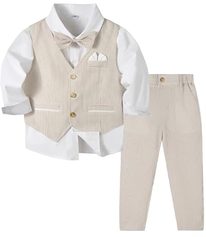 Volunboy Costume Formel Enfant Garçon 5 Pièces, Ensemble de Mariage Bébé avec Gilet, Chemise, Pantalon, Boutonnière et Nœud Papillon(Taille 110,3-4 Ans,Kaki Clair)