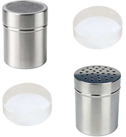 Xiqunw 2 stycken rostfritt stål florsockerströare, 2 mm hållock och fin sil med hygieniskt PE-lock, för mjöl, florsocker, restaurangbakning camping och utomhusgrill