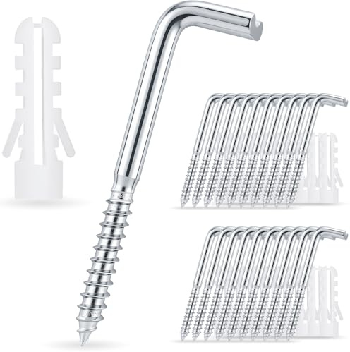 20 stycken raka skruvkrokar med spår, M6 x 65 mm vägghängare, silverpläterad galvaniserad skruvkrok, gängade krokar för inomhus och utomhus hängande föremål - stark belastning