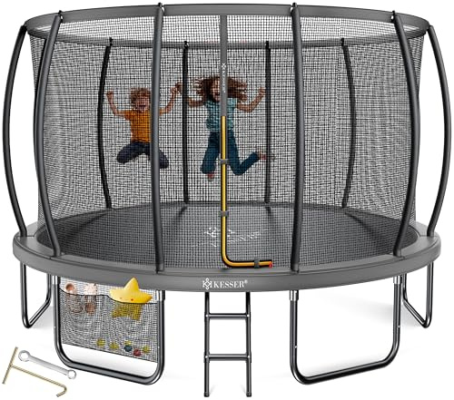 KESSER Trampolino esterno Ø 244/305/366/427 cm, certificato GS trampolino da giardino per bambini e adulti < 150 kg con rete di sicurezza, inclusa borsa, scala, copertura del bordo e aste in rete