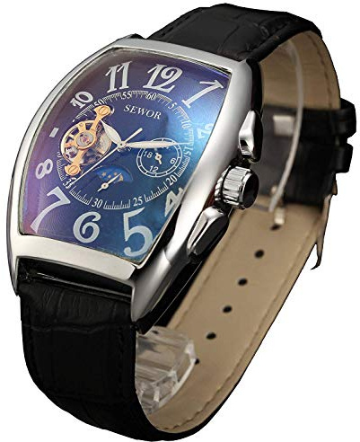 SEWOR Tourbillon Mens Moon Phase Automatic Mechanical Wrist Watch Leather Band Glass Coating Blue (Silver Black 2)