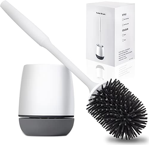 Hulameda Toilet Brush and Holder, Silicone Toilet Cleaning Brush with Quick Drying Holder, 4 x 5.5 Inches, Gray & White, (Flooring/Mounted Wall)