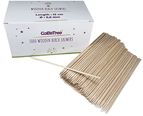 1000 Spiedini di Legno di 15 cm e Ø 2.5 mm di diametro. Bastoncini di Betulla per Grigliate, Barbecue, Carne, Verdure. Bastoncini di Legno per Lavoretti
