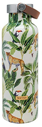 Nerthus FIH 769 Botella Termo Tapón Asa Doble Pared para frios y Calientes diseño Jungla de Acero Inoxidable 750 ml, Libre de BPA, 18/8, Multicolor