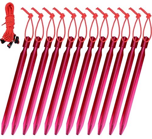 Clostnature Aluminum Tent Stakes - Heavy Duty Tent Pegs with Ropes, Ultralight Tent Stakes for Camping, Canopy(12pc Pack)