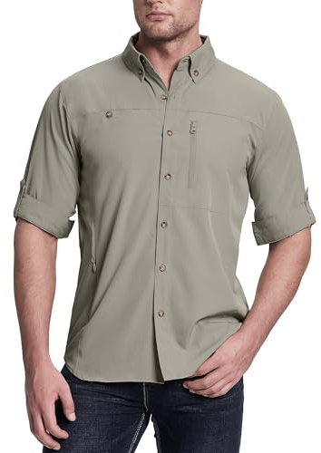 33,000ft Men's Long Sleeve Hiking Shirts Summer UV Protection Breathbale Quick Dry Fishing Shirts Button Down Shirt with Pockets for Safari, Camping Grey XL