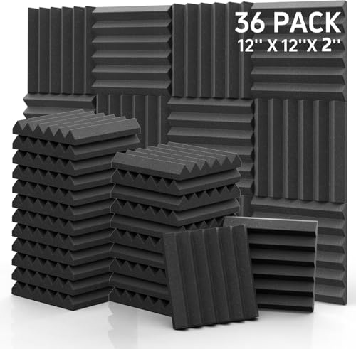 Paneles de espuma a prueba de sonido, 12 x 12 x 2 pulgadas, paquete de 36 cuñas, paneles de espuma acústica para paredes y techos, espuma de estudio de alta densidad (negro)