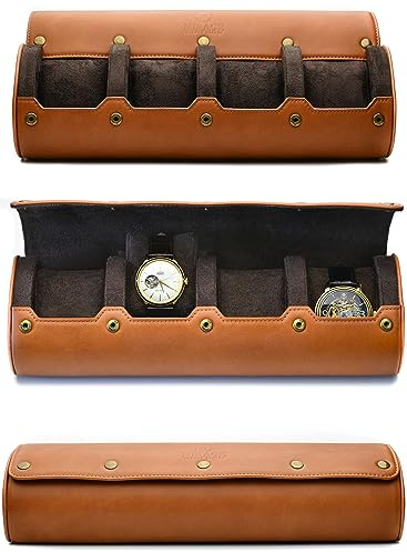 4 Watch Travel Case for Men Leather Watch Roll Case Storage for Travel - Brown Full Grain Cow Leather
