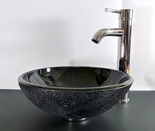 Nero kleines Aufsatz Glas Waschbecken schwarz Waschschale Waschtisch Granit Look Bad Gäste-WC Wohnmobil (Waschschale +Ablaufgarnitur Chrom)