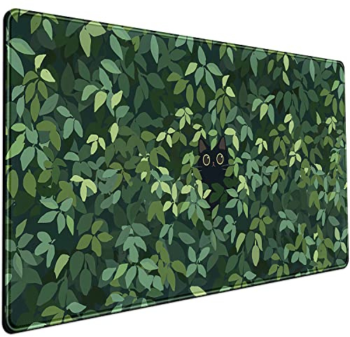 Mekanisk boskap söt katt musmatta skrivbordsdyna Kawaii grön matta dekor stort spel för musmatta dator kontor tangentbord bärbar dator stor anime XL (80 x 39,9 cm) – med halkfria bassydda kanter