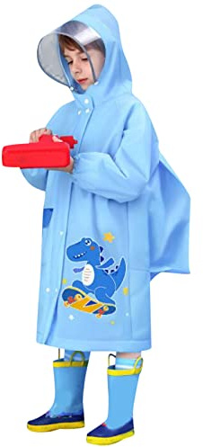 XIUH Imperméable pour Enfants garçon Fille Dessin animé Dinosaure Motif Eva Poncho avec Chapeau Sac Place Mode Bouton Pantalon Imperméable Fille Manches Longues (Blue-2, S)