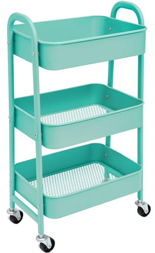 YUKOOL Versatile 3-Tier Metal Storage Trolley on Wheels - Space Saving and Durable Rolling Cart for Kitchen Makeup Bathroom Office, BlueGreen