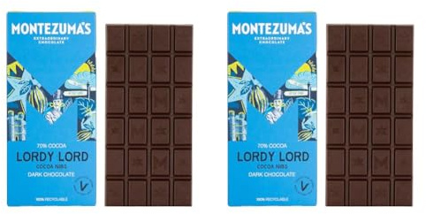 Montezuma's Lordy Lord, 70% Cocoa, Dark Chocolate With Cocoa Nibs, Gluten Free & Naturally Vegan, 90g Bar (Pack of 2)