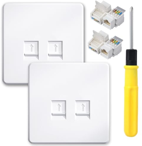 Acmerota Double 2-Port Socket Ethernet Faceplate CAT6 Flat Face Socket Wall Plate for Ethernet Cable Networking Socket Box (Double 2-Port, CAT6,RJ45) with Tool-Free Ethernet Adapter Module