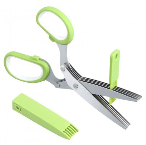 Dokeno Tijeras para Hierbas 5 Hojas Tijeras Especias de Acero Inoxidable con Tapa de Seguridad y Peine Limpieza Multifuncionales Tijeras de Cocina para Hierbas, Cebollino, Perejil