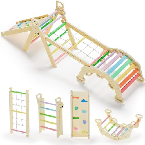 BlueWood 8 in 1 Indoor Triangle Climbing Frame for Toddlers, Foldable Baby Climbing Toys Set, Jungle Gym Montessori Climber for 2-6 Years Old- Rainbow