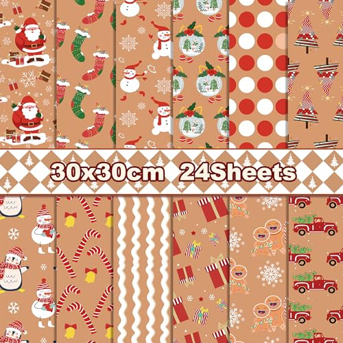 30 x 30 papel para scrapbook rojo de doble cara, 12 patrones, 24 hojas, papel de decoupage con Papá Noel, árbol de Navidad, muñeco de nieve, papel decorativo para diario y scrapbooking