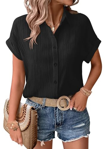 Zeagoo Camisa de manga corta con botones para mujer, estilo casual, holgada, con bolsillo en el pecho, cuello en V, para verano