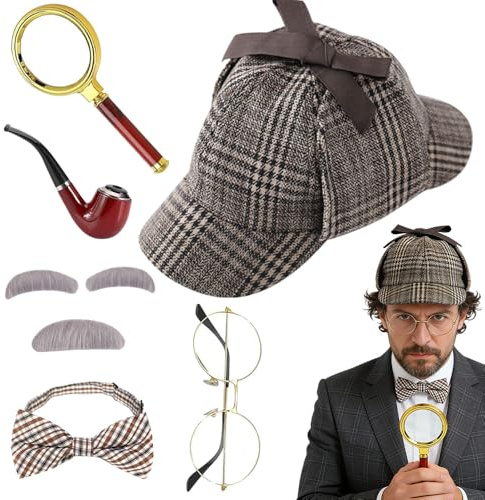 PLLYPE Detective Costume Accessories, 7PCS Sherlock Holmes Accessories, 1920s Detective Costume with Hat, Bow Tie, Magnifier, for Kids and Adults Halloween, Cosplay, Carnival