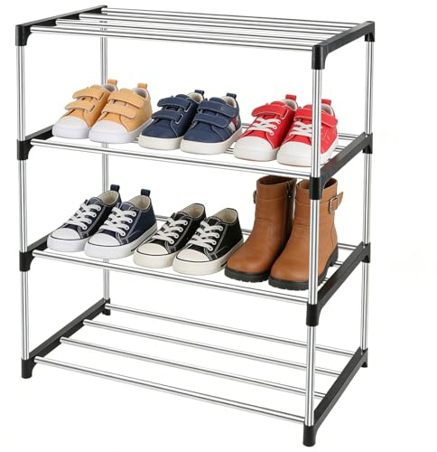 JSMTKJ Zapatero de 4 Niveles, Estantería de Zapatos | Zapatera de Almacenamiento para Entrada, Pasillo, Salón, Armario, Negro