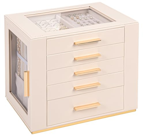 Yieseang Large Jewellery Box for Women,Jewellery Gift Box with 5 Drawers,Glass Lid,PU Leather,Jewellery Organiser for Chirstmas,Birthday, Valentine's Day,White (Champagne gold)