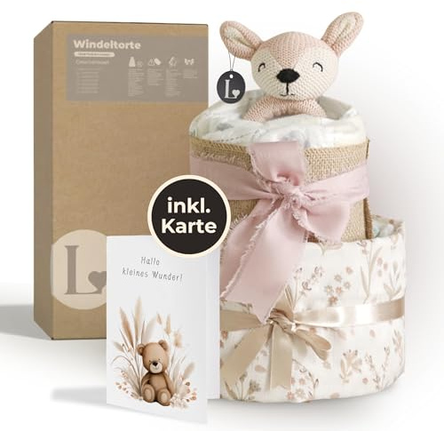 LINDFALL® Windeltorte Mädchen, Baby Willkommensgeschenk | Hochwertiges Babyshowerparty Geschenk, Baby Windeltorten, Babyausstattung Neugeborene (Rosa, Small)