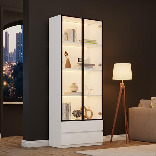 Vitrina de 80 x 34 x 200 cm, armario alto con luces LED, armario auxiliar para salón con 2 puertas, armarios de vitrina con 2 cajones, estantería, estantería, estante de exhibición, marco de aluminio