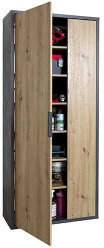 Yellowshop | Armadio Colonna multiuso 2 ante 7 ripiani PODOR Color rovere artisan - antracite – Mobile alto salvaspazio per bagno, ingresso, lavanderia, camera da letto – Resistente, design moderno